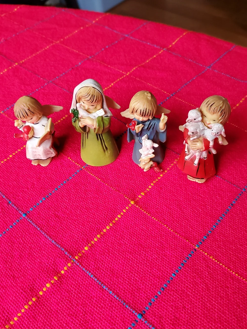 Set of 4 Hand-Painted Angel Figurines - Red, Green, Blue, Pink 1960s